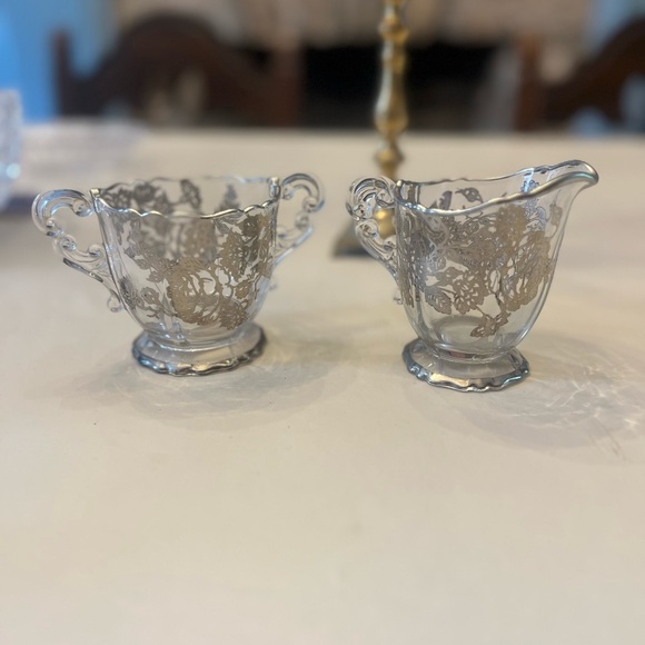 Rose Stem Pattern, Glass Sugar and Creamer, 3 "tall, Silver Overlay - Picture 5 of 5